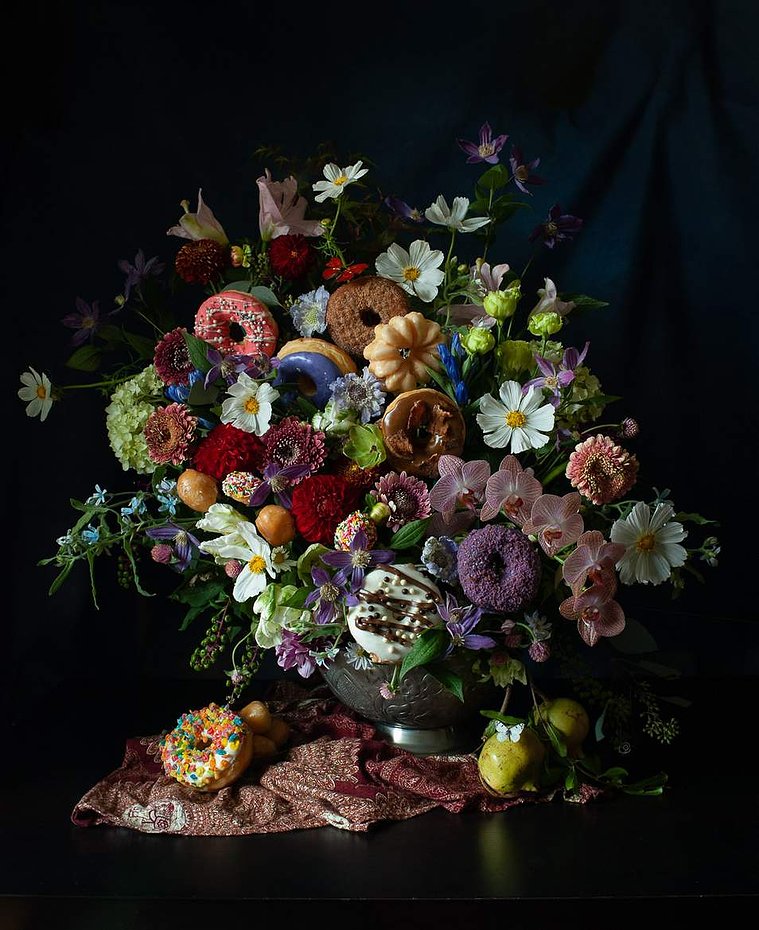 donuts flowers dutch masters still life asian american artist