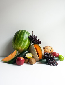 watermelon cantaloupe grapes kiwi fruit still life