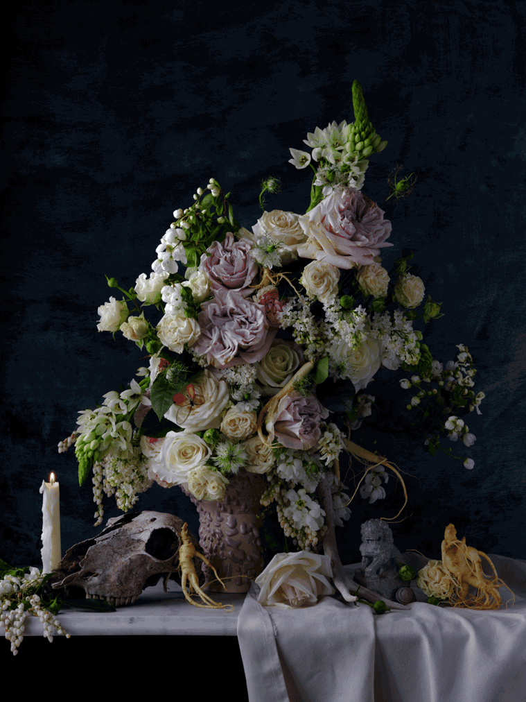 Still life, ceramics, Asian American art, flowers, ginseng