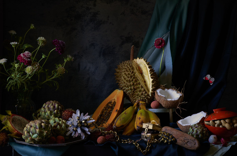 Stephanie Shih, Still LIfe with Armor, durian, papaya, artichoke, still life