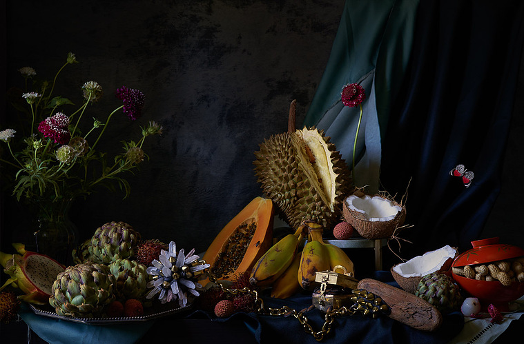 Stephanie Shih, Still LIfe with Armor, durian, papaya, artichoke, still life