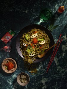 cannabis, jade noodles, asian noodles, hot sauce, lotus root, ikura, cannabis oil, jungle