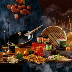 lunar new year, still life, commercial food photography, chili sauce, wok