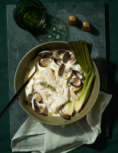 Fish stew, soup photography, commercial food photographer, editorial food photographer, Photographer: Stephanie Shih, Food stylist: Laura Kinsey Dolph, Prop stylist: Jaclyn Kershek