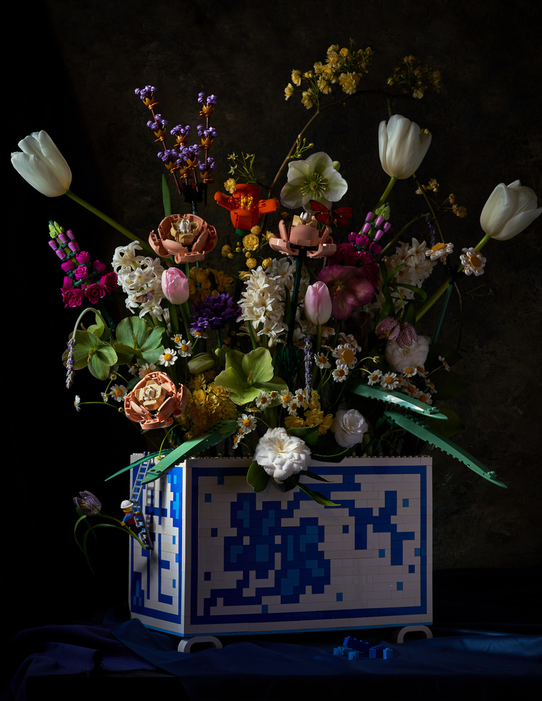 Lego brick dutch masters still life tulipiere vase, delftware, ceramics
