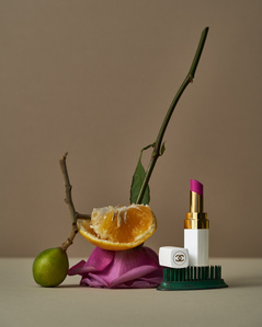 beauty, product photography, cosmetics, chanel, lipstick, still life, citrus, rose