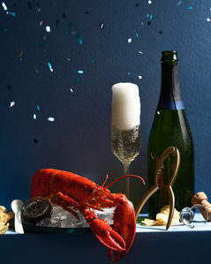 still life, lobster, champagne, caviar, conceptual food photography