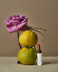 beauty, product photography, cosmetics, chanel, lipstick, still life, citrus, rose