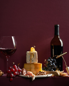 still life, cheese, wine, grapes, red wine, honey, conceptual food photography