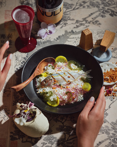 sparkling wine, champagne, soup, ochazuke, grilled fish, cookbook photography