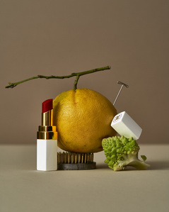 beauty, product photography, cosmetics, chanel, lipstick, still life, citrus, rose