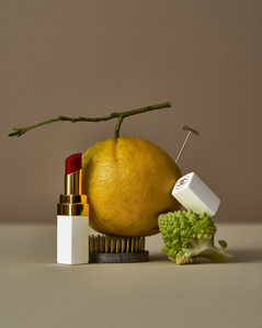 beauty, product photography, cosmetics, chanel, lipstick, still life, citrus, rose