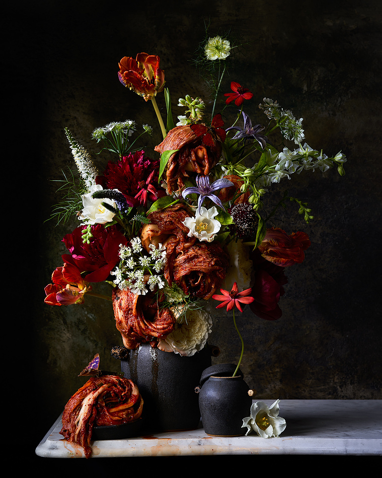 Still life, kimchi, ceramics, Asian American art, food art, flowers