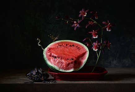 watermelon, orchid, Asian American still life