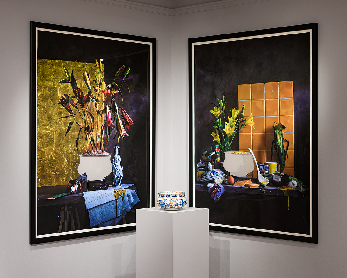 Installation of Gilding the Lily and Corn Soup, LONG TIME NO SEE, Stephanie Shih, Museums at Washington and Lee Reeves Collection of Ceramics
