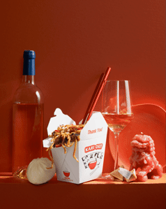Food stylist: Veronica Laramie, takeout, natural wine, bao, chinese food, noodles, wine, white wine, orange wine