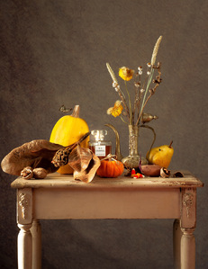 autumn fall still life pumpkins teapot dried flowers