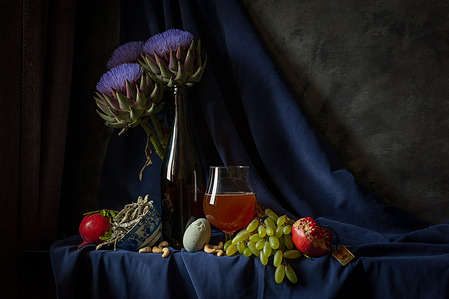 artichoke beer grapes pomegranate still life