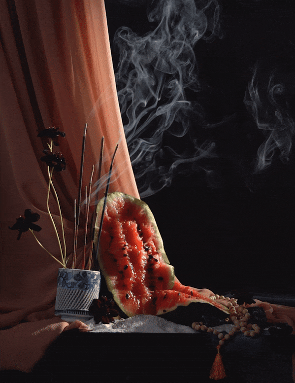 Incense, smoke, and watermelon still life, Stephanie Shih, commissioned for Los Angeles Times Image