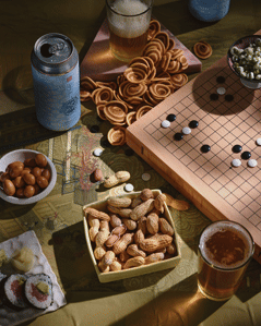 go board, dokkabier, beer, game board, games, peanuts, game night snacks, sushi, beverage photography, product photography