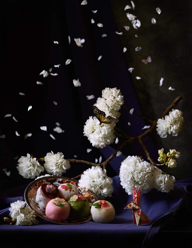 Stephanie Shih, Spring, still life, still life photography, mochi, origami, cherry blossoms
