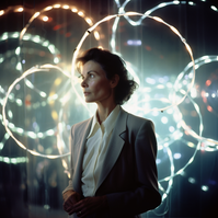 AI generated portrait of woman standing in front of white neon lights