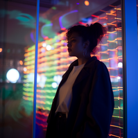 generative AI photograph of woman in neon-lit apartment at night