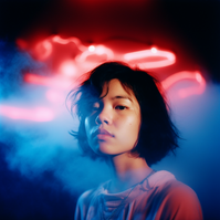 AI generated portrait photograph of a woman standing in a misty room under neon lights. Made by Stefan jakubowski using Midjourney V5