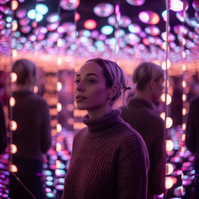 woman in fairground inside neon-lit house of mirrors.