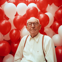 Old man in front of balloons, AI photography