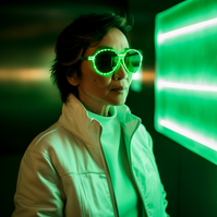 Mature woman wearing sunglasses with glowing green neon frames.