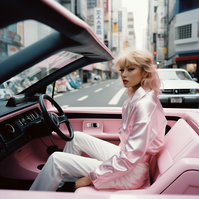 Woman in futuristic pink car driving through Tokyo