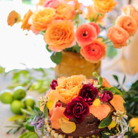 A chocolate olive oil cake decorated with pistachios and macadamia nuts. Covered in vibrant roses. 