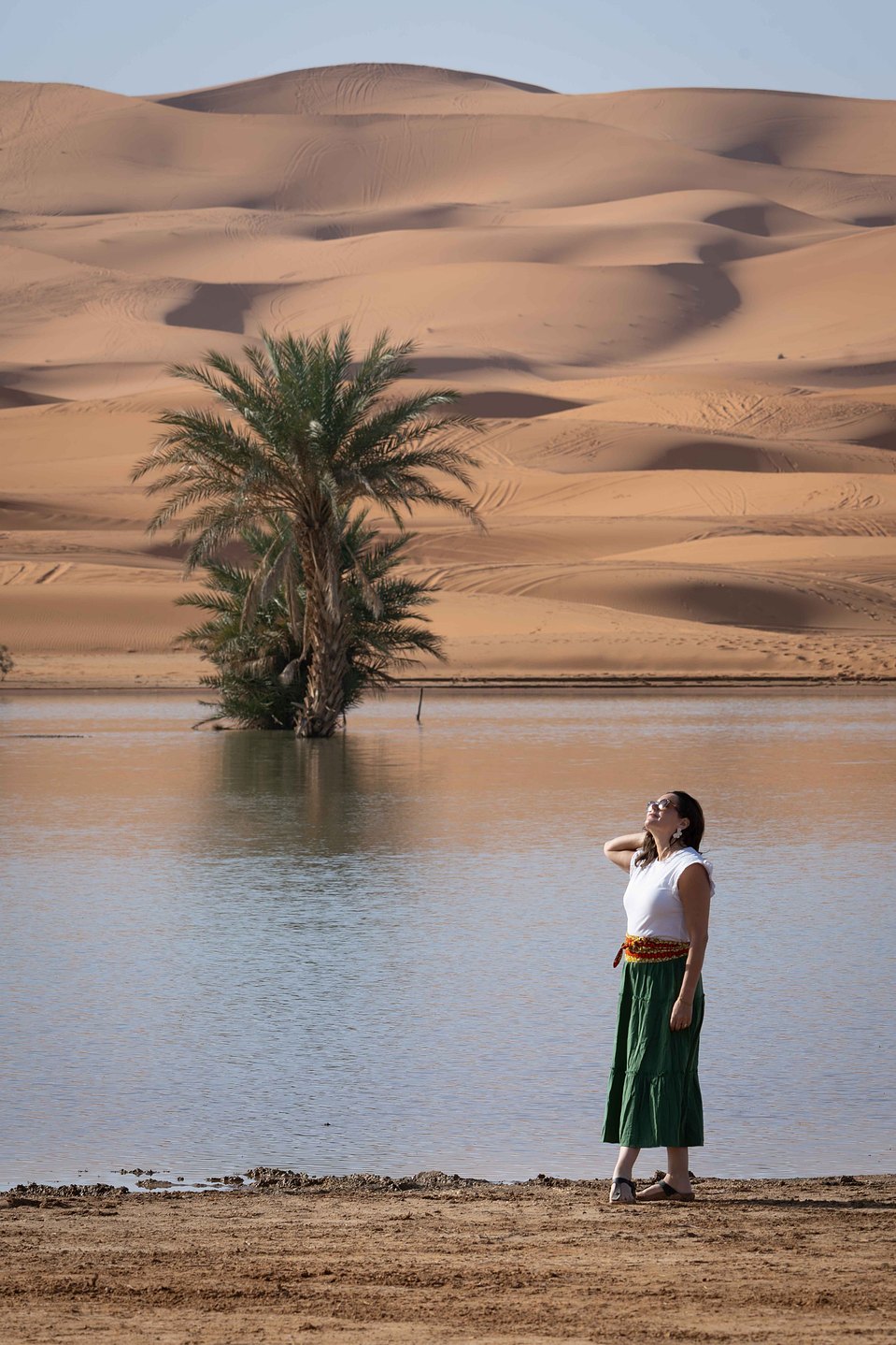 Une femme se tient gracieusement dans un oasis du désert du Sahara, entourée de palmiers et d’une lumière douce qui sublime son visage. La composition professionnelle capture le contraste entre l’élégance de la silhouette et l’immensité paisible du désert