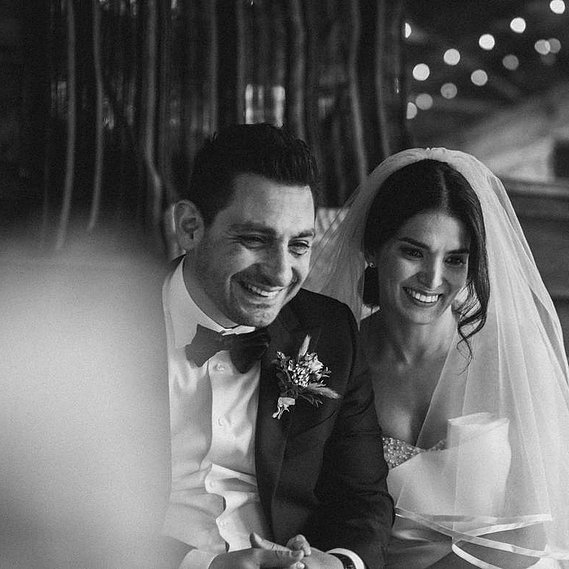 Elopement couple laughing at Foxfire Mountain House in the Catskill Mountains — captured by a CT-based wedding photographer.