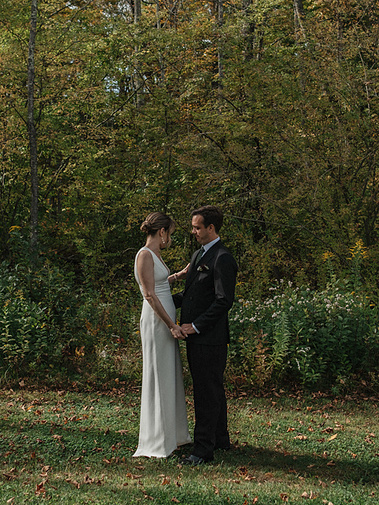 Bride and groom looking at each other during a September wedding at Lost Fox Inn in Litchfield, Connecticut — photographed by Villetto Photography, a CT-based wedding photographer.
