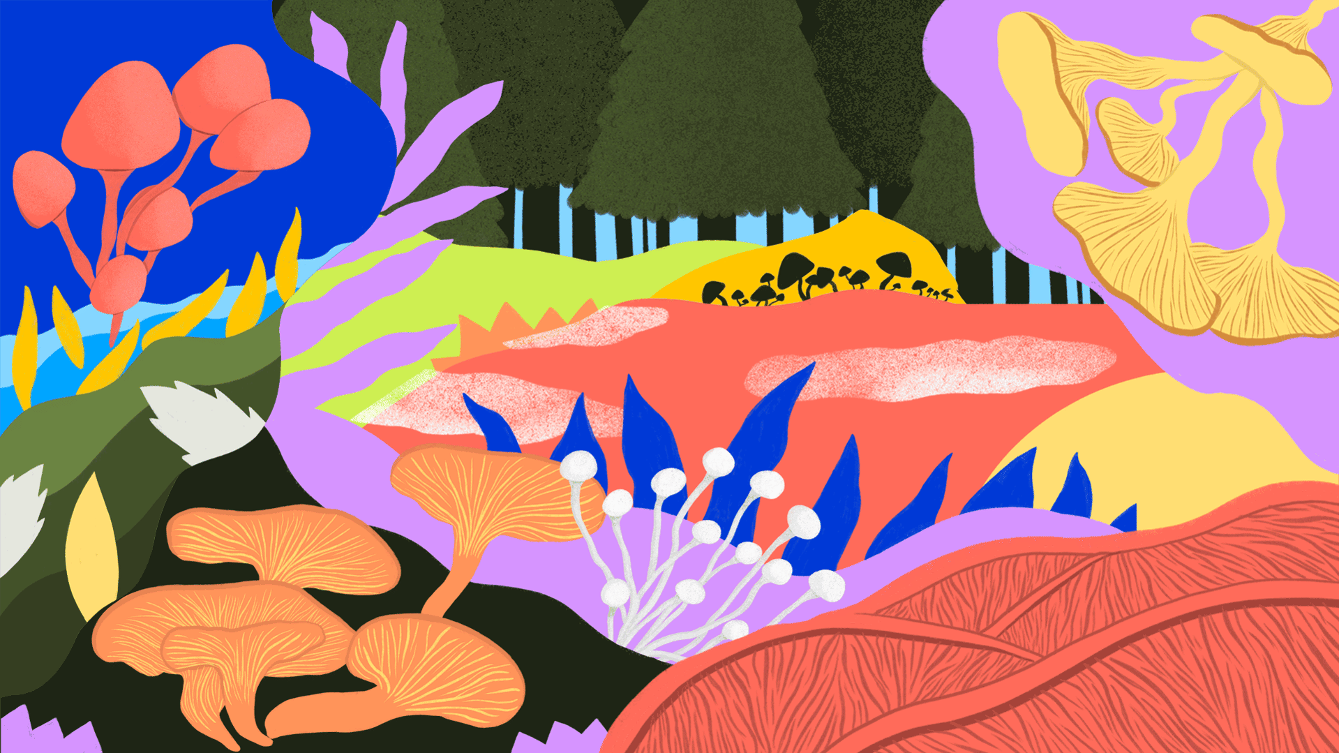 an illustration of a forest of mushrooms vibrating and moving with energy