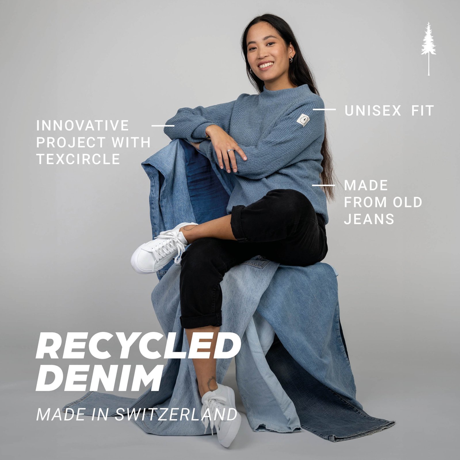 Ad mit Slogan und Beschreibung. Hintergrund: Frau sitzt auf Stuhl in Pulli.