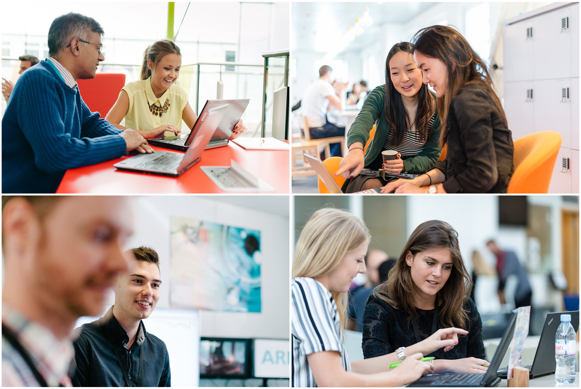 Cardiff Business Photography. A collage of four images showing people collaborating in an office environment. Corporate and business photography by Chris George 