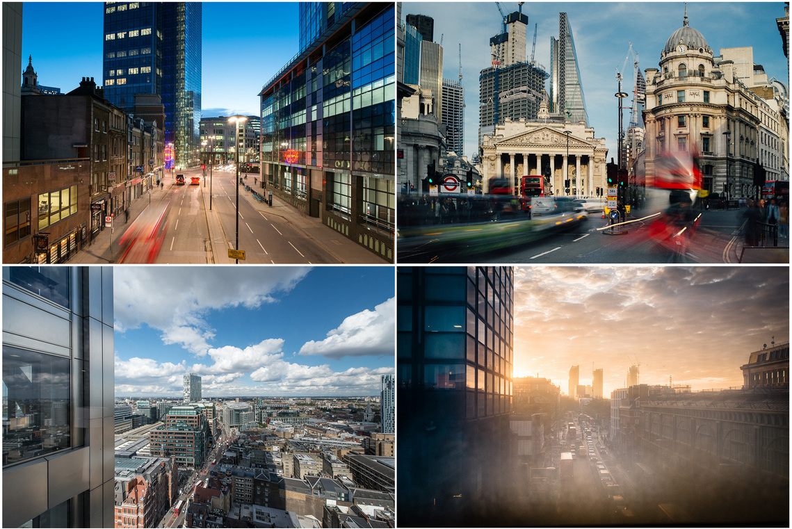 Cardiff, Newport, Swansea and Bridgend Architectural Photographer. A collage of four images of street scenes in Central London locations.
