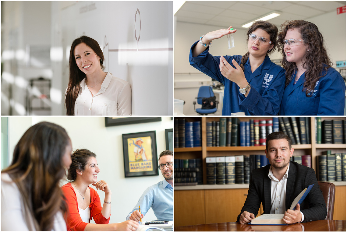 Newport business photographer. A collage of four images of young graduates working on graduate recruitment schemes. 
