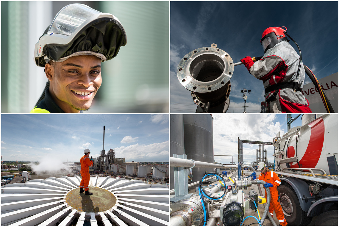 South Wales business and industrial photographer near to Newport. A collage of four images showing people working in recycling and energy production in an Industrial Environment.