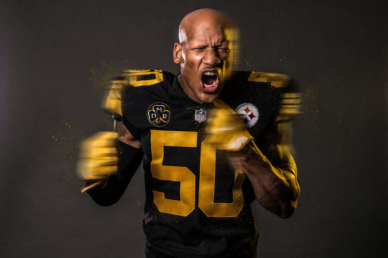 A studio portrait of Ryan Shazier shot by Pittsburgh Steelers photographer Karl Roser.