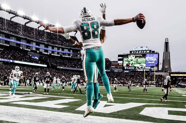 An image of two Miami Dolphins players celebrating shot by team photographer Peter McMahon.