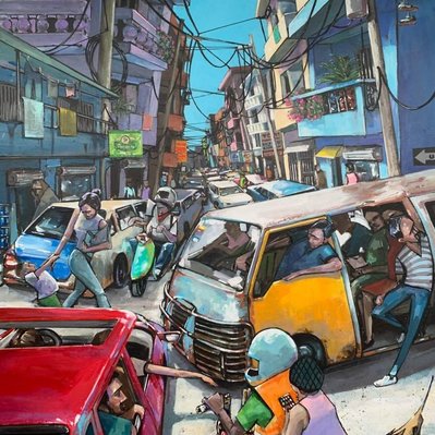 Una Via, Santo Domingo, Dominican Republic, artwork, Painting, Traffic Jam, Painting, Painter, Peter Farmer, Peter Farmer art, Artist, Latin artwork, Car Jam, Traffic, Culture, Latin Culture,