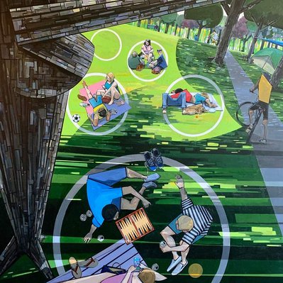 Toronto Trinity Bellwoods during Covid 19. People use city placed rings for social distancing. 