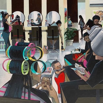 Salon, Arts, Painting, Peter Farmer, Hair, Style, Curlers, Hair cut, Art, artwork, Paint. Dominican life, Santo Domingo, Dominican Republic. Culture, Latin Culture,