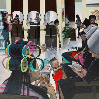 Salon, Arts, Painting, Peter Farmer, Hair, Style, Curlers, Hair cut, Art, artwork, Paint. Dominican life, Santo Domingo, Dominican Republic. Culture, Latin Culture,