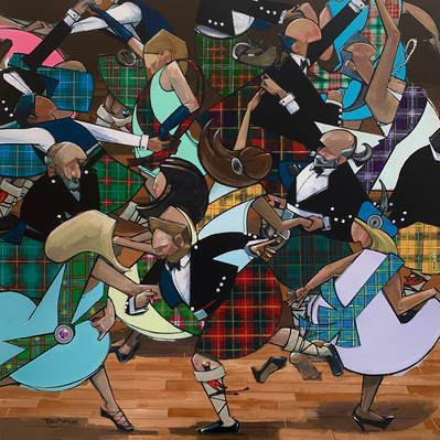Scottish, painting, tartan day, st Andrews, Ball, dancing, kilts, Scotland, Canada, art, Scottish art, gentlemen, fun, jig, Caleigh