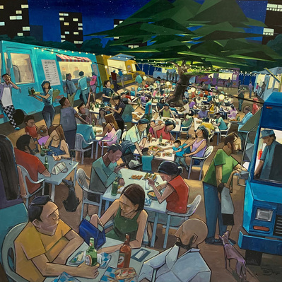 Food Trucks, Santo Domingo, Peter Farmer. Dominican Republic, D.R., artwork, painting, artist, foodie, Culture, Latin Culture,